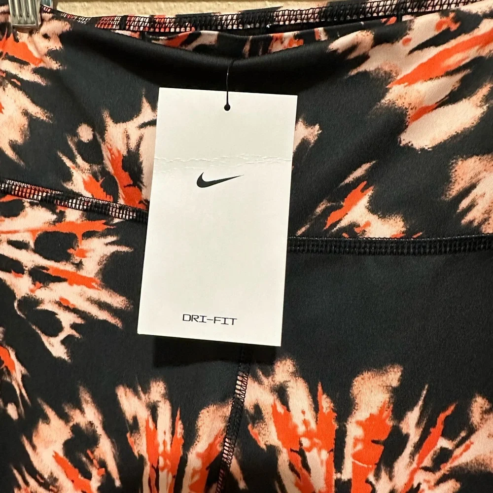 NEW! Nike Black High-Waist Tie-Dye Leggings with Orange & White Burst - Size M